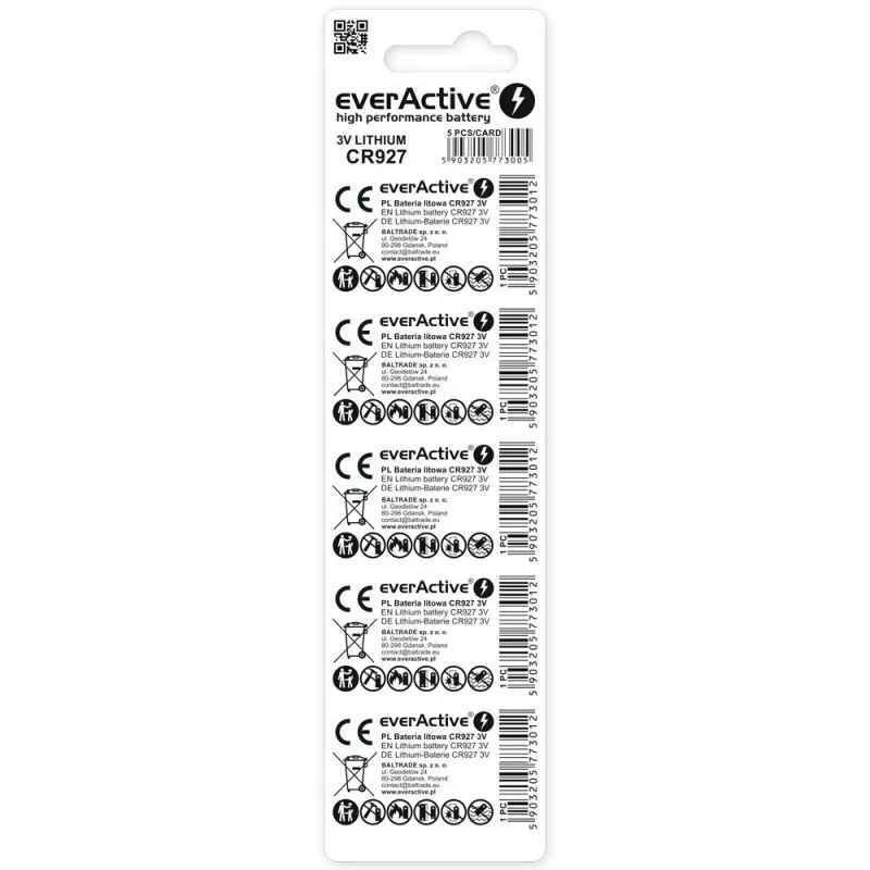 Coin lithium battery everActive CR927 3V, 30 mAh, button/coin, height 2.7 mm — pack of 5