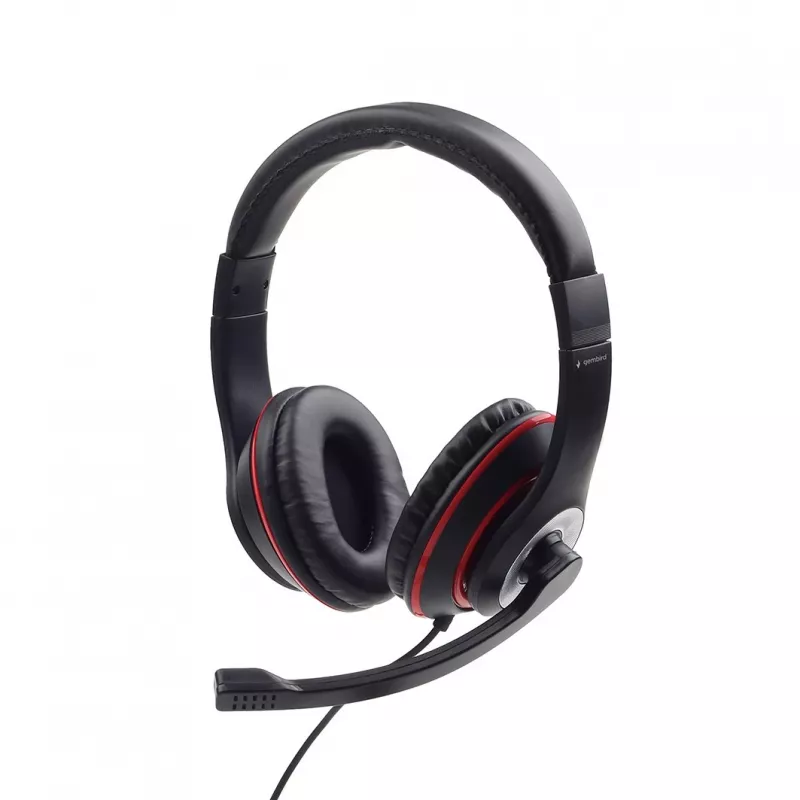 Wired gaming headset GEMBIRD MHS-03-BKRD — binaural, circumaural, 3.5 mm, 1.8 m cable, red/black