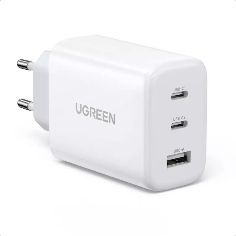 Wall charger UGREEN CD275 2× USB Type-C 65W White — dual USB-C 65W fast charging, 100–240V input
