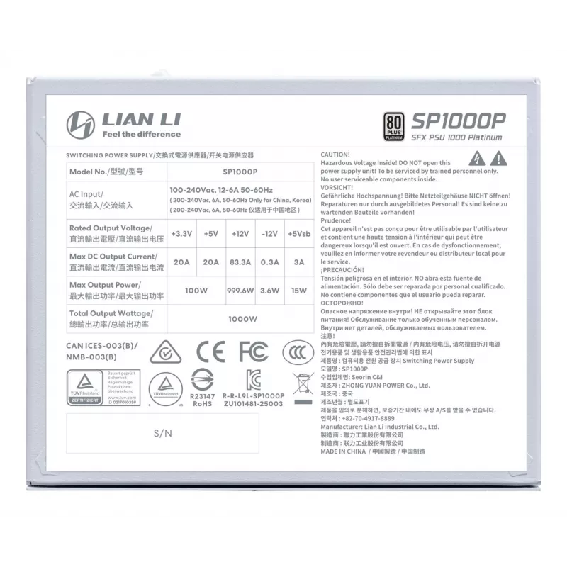 Power supply Lian Li SP Series Platinum SFX fully modular PCIe 5.1 ATX 3.1 1000W (G9P.SP1000P.W000.EU)