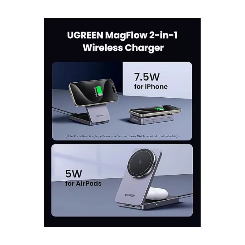 UGREEN indoor AC wireless charger for headphones and smartphones W528, grey, short-circuit and under-voltage protection