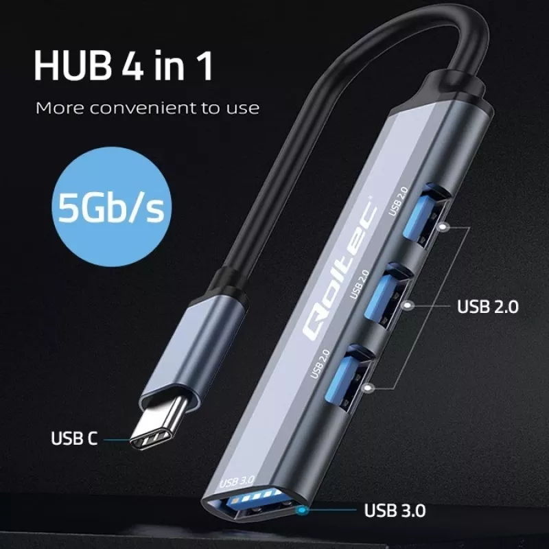USB hub QOLTEC 53792, USB-C 3.1 to 4‑port (USB 3.0 x1, USB 2.0 x3)