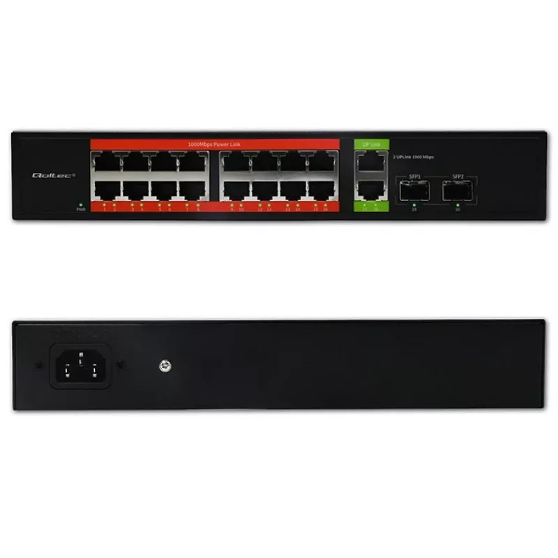 Network Switch QOLTEC 52292 — Gigabit Ethernet PoE, 16x RJ45, 2x RJ45 uplink, 2x SFP