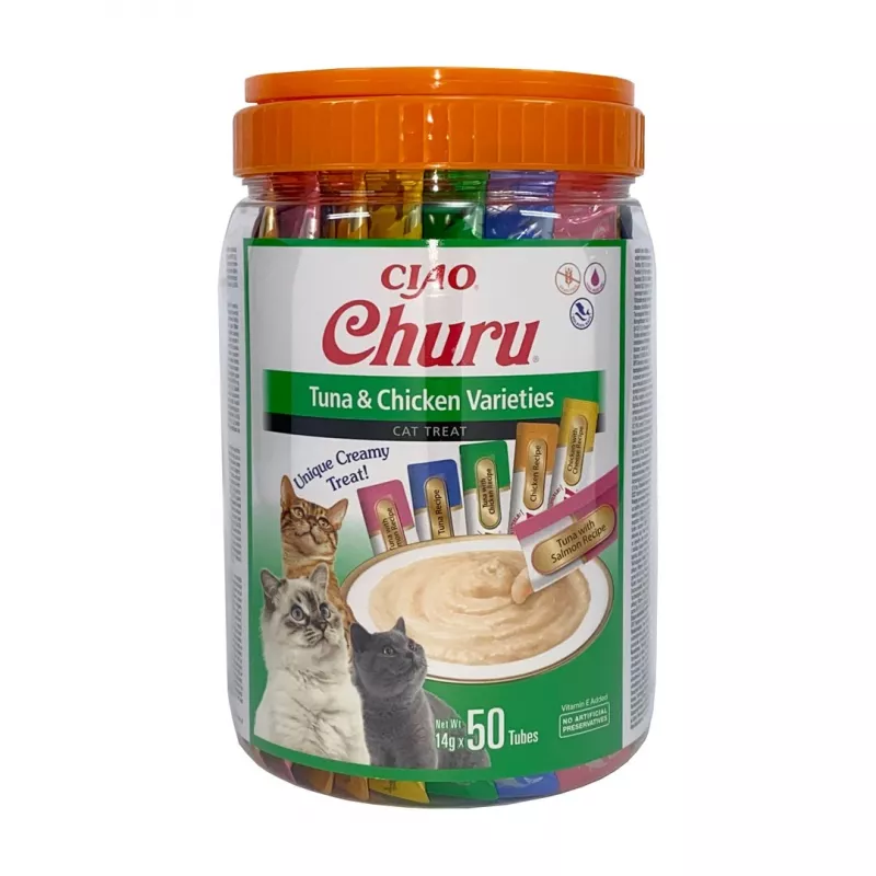 Wet cat treats INABA Churu Varieties — Chicken and Tuna, 50 x 14 g paste tubes, grain-free, gluten- and sugar-free