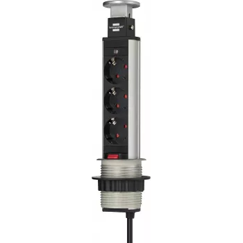 Brennenstuhl Tower Power Table Extension Socket - Extension Cord - 3 Output Plugs - 2,0m - Black, Aluminium (1396200003)