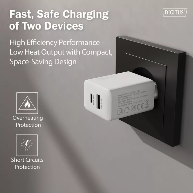 AC Indoor USB GaN Charger DIGITUS DA-10301 — 30W, 1× USB-C, 1× USB-A, 100–240V, white