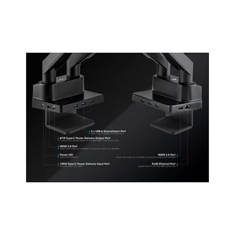 Manhattan Dual Desk Mount for TV & Monitors (Full Motion Gas Spring) with built-in Dock, For screens to 27 inch, Ports (x7): Ethernet,HDMI (x2),USB-A (x3) and USB-C,Power Delivery (100W) to USB-C Port (Separate USB-C wall charger/cable needed),VESA: 75x75 and 100x100mm