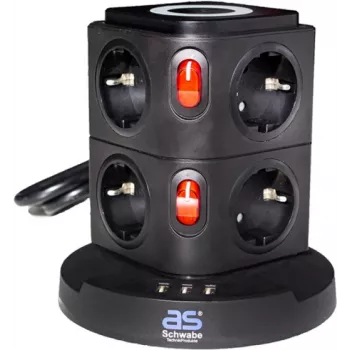 Power strip tower AS Schwabe 18221 with 8 sockets, 2.0 m cable, integrated Qi wireless charging, black