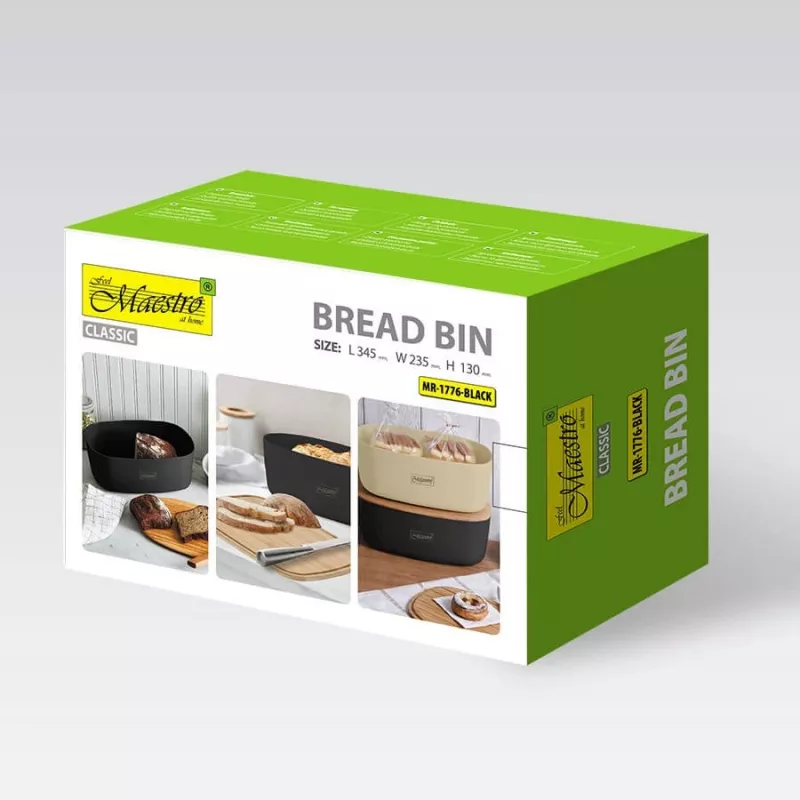 Breadbox Maestro MR-1776-BLACK countertop bread bin, plastic body with wooden lid, 345×235×130 mm