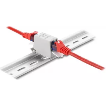 Coupler DELOCK RJ45 Cat.6A female-to-female with dust cover, shielded, DIN-rail mount, grey/white