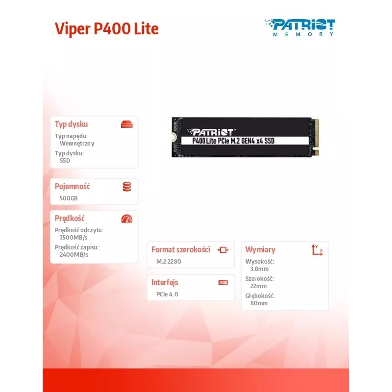 SSD disk Patriot Memory 500 GB M.2 PCI Express 4.0 NVMe P400 Lite