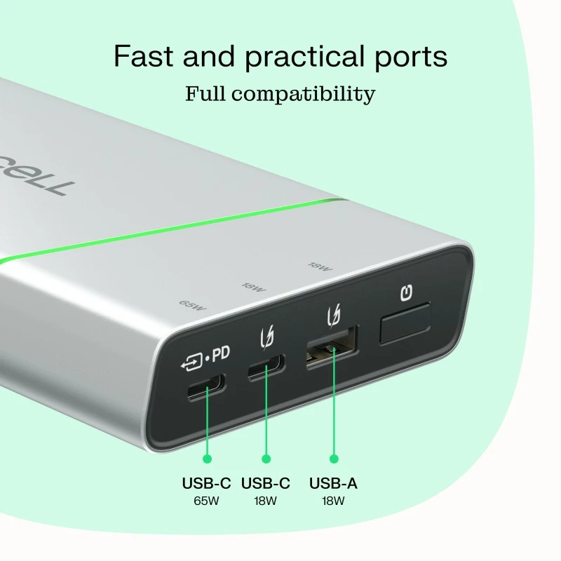 Portable battery Green Cell BPLGC20P 20800 mAh Lithium‑Ion, USB‑C PD 65W, 2x USB‑C + 1x USB‑A, aluminium housing