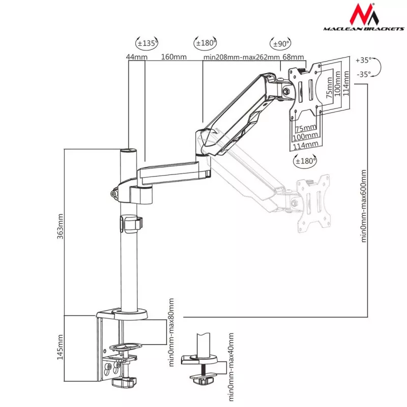 Desk Monitor Mount MACLEAN MC-775 for 32 inch (81.3 cm) screens, VESA 75x75–100x100, up to 8 kg, grey