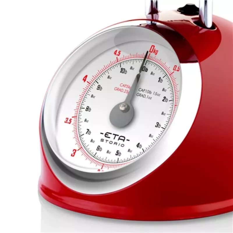 Mechanical kitchen scale ETA ETA577790030 — 5 kg capacity, 25 g accuracy, stainless steel top, white housing