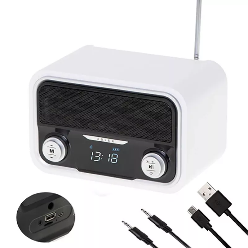 Portable radio Adler AD 1185 — FM, Bluetooth 4.0, MP3, SD card, AUX, 1800 mAh battery, LCD display, micro-USB charging