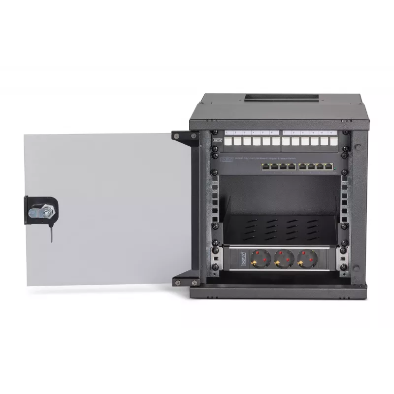 DIGITUS SOHO PRO 6U 10 inch Wall-Mount Network Cabinet Set with 8-Port Gigabit Switch, 12-Port Cat 6A Patch Panel, Shelf, Power Strip and 10 Patch Cables