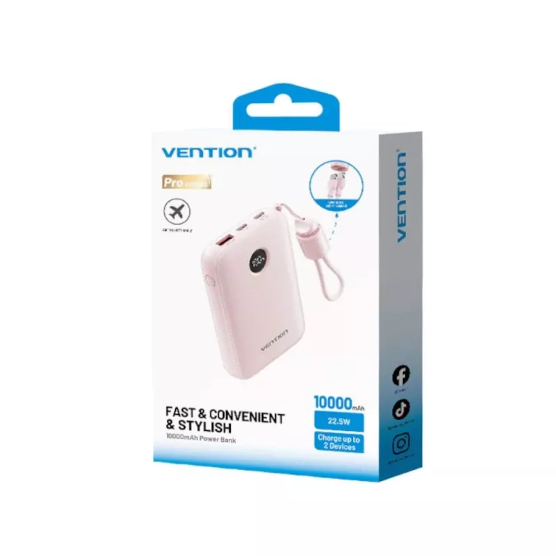 Power bank Vention FKAP0-C 10000 mAh, 2× USB-C + 1× USB-A, 22.5 W, Pink