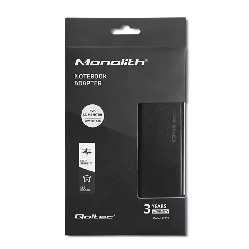 Power adapter QOLTEC 51775 40W 19V 2.1A for monitors, Black, 1.75 m cable