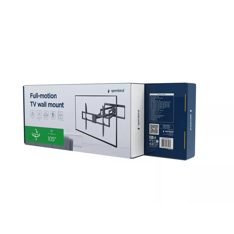 Full‑motion TV wall mount GEMBIRD WM-105ST-01 for 50–105 inch TVs, steel articulating bracket, max 75 kg, VESA 200x100–900x600