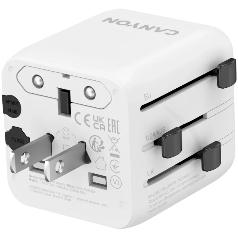Travel adapter CANYON OnTour One EU UK US AUS White (CNS-TA1005W) - universal plug conversion for EU/UK/US/AUS