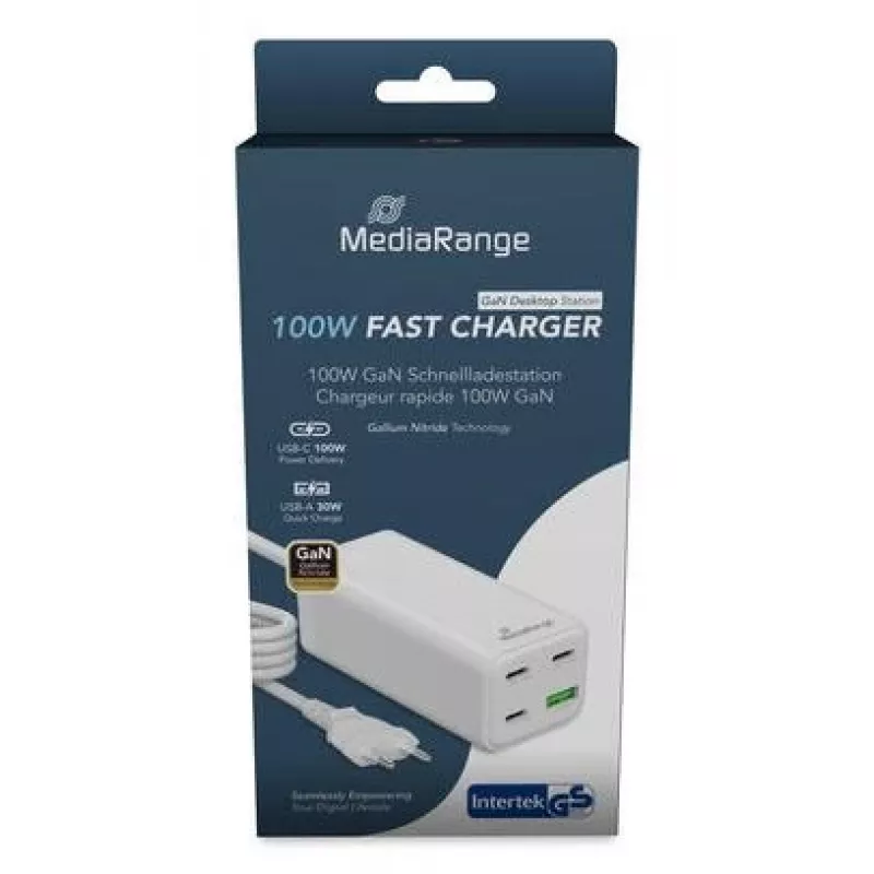 MediaRange MRMA124 mobile device charger 100W AC, 3x USB-C, 100–240V input, 1.5 m cable, White