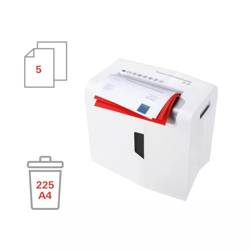 Paper shredder HSM X5 particle-cut P-4, 22 cm working width, 4.5 mm particles, 5-sheet capacity, 18 L bin