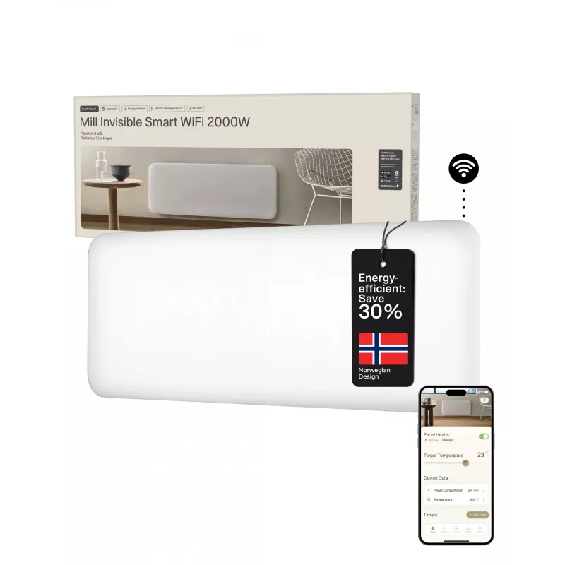 Mill Invisible Smart WiFi Heater | PA2000WIFI4 | Panel Heater | 2000 W | Suitable for rooms up to 24-28 m² | White | IPX4