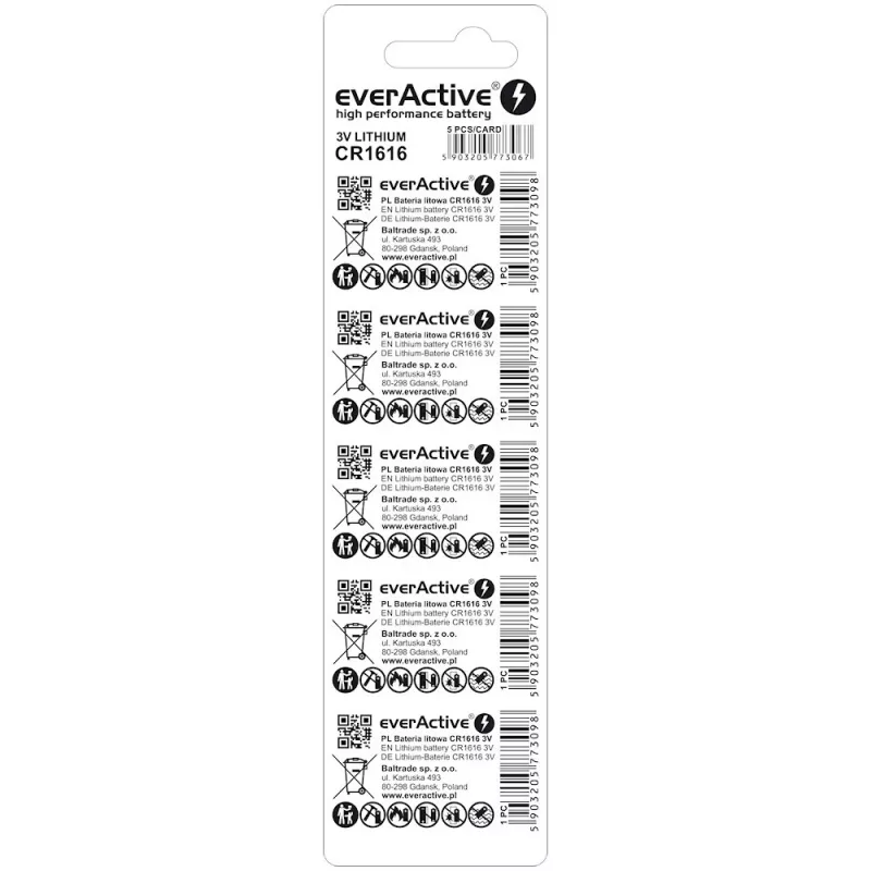Coin cell battery everActive CR1616 3V, 50 mAh, 16 mm — pack of 5