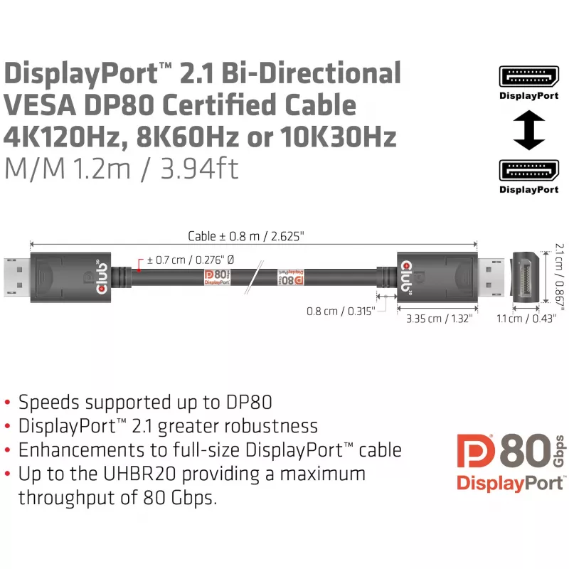 CLUB3D DisplayPort 2.1 Bi-Directional VESA DP80 Certified Cable 4K240Hz, 8K60Hz or 10K30Hz M/M 1.2m/3.94ft