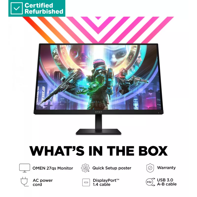 RENEW SILVER OMEN by HP 27qs QHD Gaming Monitor - 27 2560x1440 QHD 400-nit 240Hz AG, IPS, 2x HDMI/DisplayPort, 2x USB-A, speakers, height adjustable/tilt/pivot, 1 years