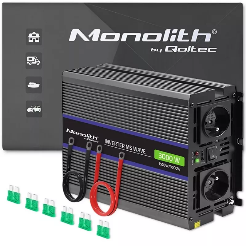 Power inverter QOLTEC Monolith 3000 MS Wave, 12V→230V, 1500/3000W, with USB