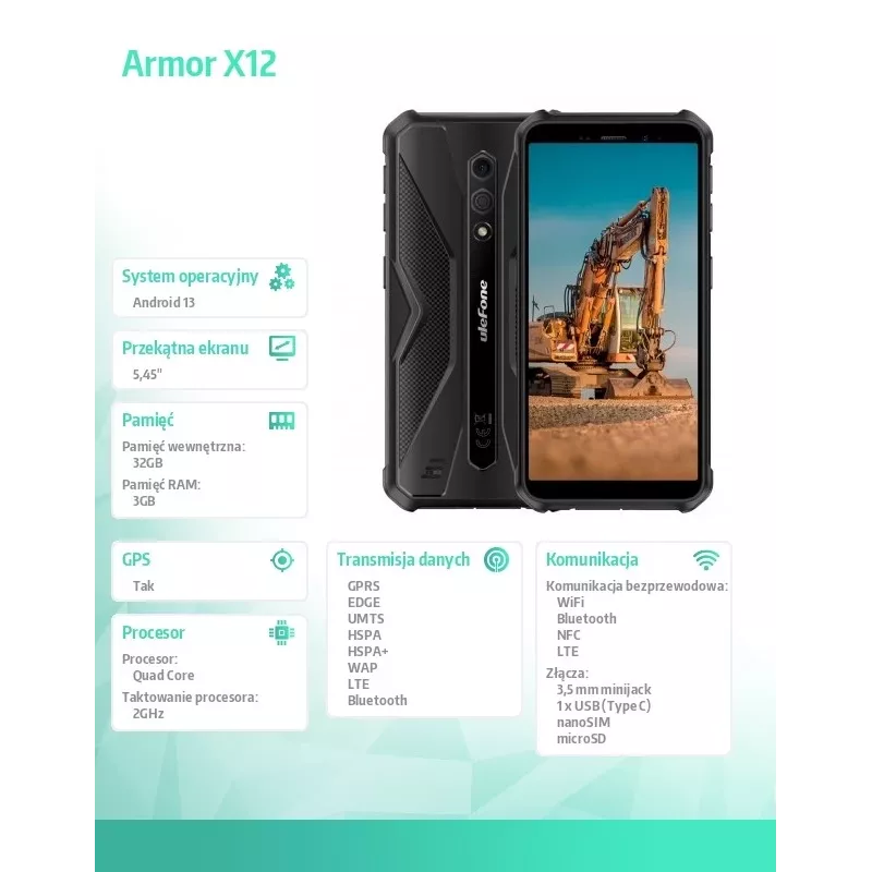Rugged smartphone UleFone Armor X12 — 3GB RAM, 32GB storage, All Black