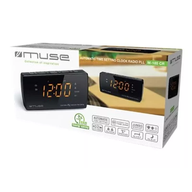 Clock radio Muse M-185 CR — FM/MW, 0.9 inch LED display, AC 230V with AAA battery backup, black