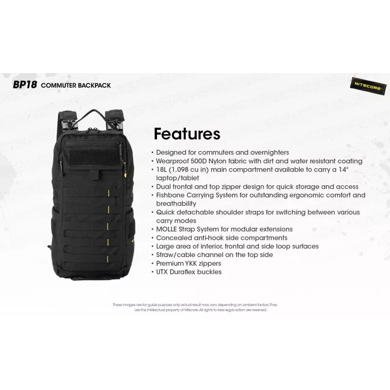 Travel backpack Nitecore BP18 — black nylon/polyester, 240×160×470 mm