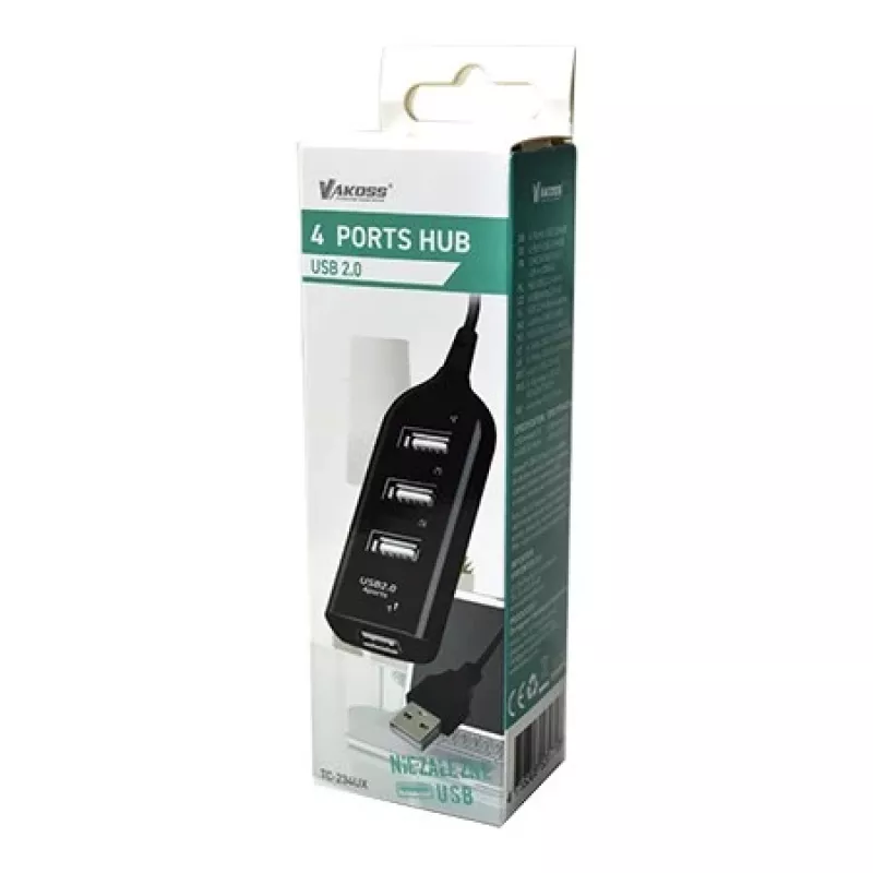 VAKOSS USB hub TC-234UX — 4-port USB 2.0 hub, DC power (5V, 1A), black