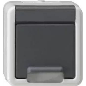 gira SCHUKO socket surface-mounted with hinged cover and SafetyPlus, model 441430, gray