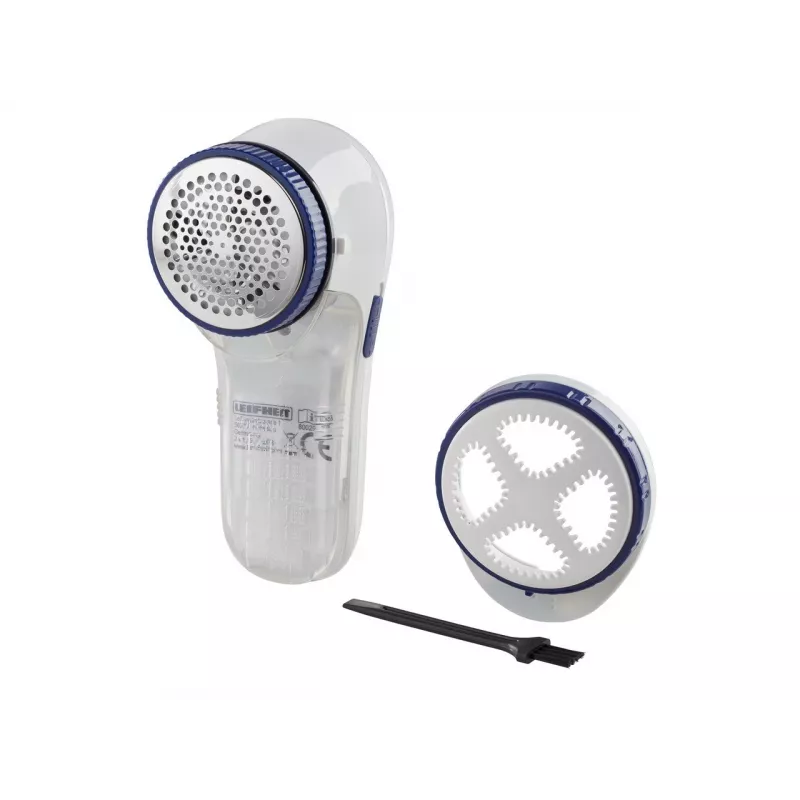 Fabric shaver Leifheit 80029 — battery-powered lint remover, 3 V, uses 2 batteries, blue/white
