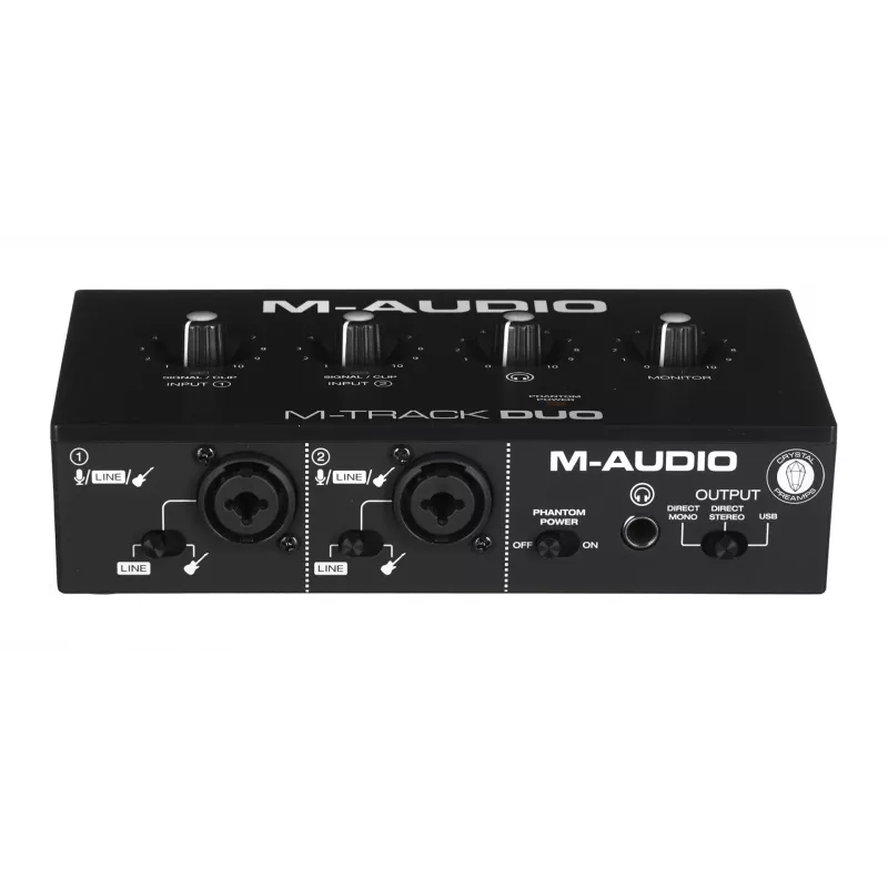 Audio interface M-Audio M-Track Duo — USB 2-in/2-out, 16-bit/48 kHz, 1x XLR/TS combo, 1x instrument input, phantom 48V