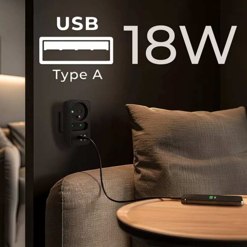 Power splitter MACLEAN MCE249 F/B — 2 AC sockets (16A + 6A) with 2×USB-A and 2×USB-C PD 20W, EU plug, black