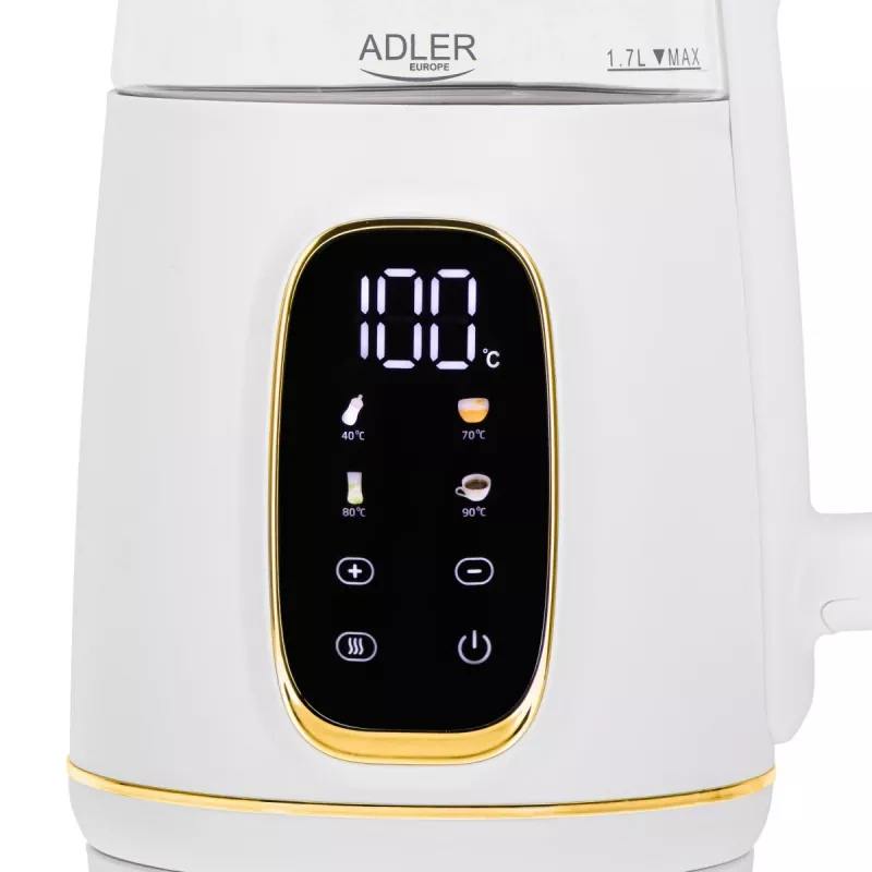 Electric kettle Adler AD 1305WG — 1.7 L, 2200 W, glass/plastic, white/gold/transparent
