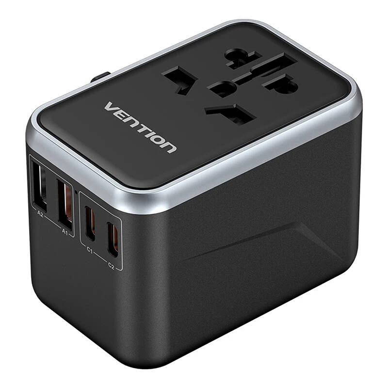 Vention power travel adapter FJFB0 65W — 2× USB-C PD/PPS, 2× USB-A (QC/BC), HDMI output, aluminium/black