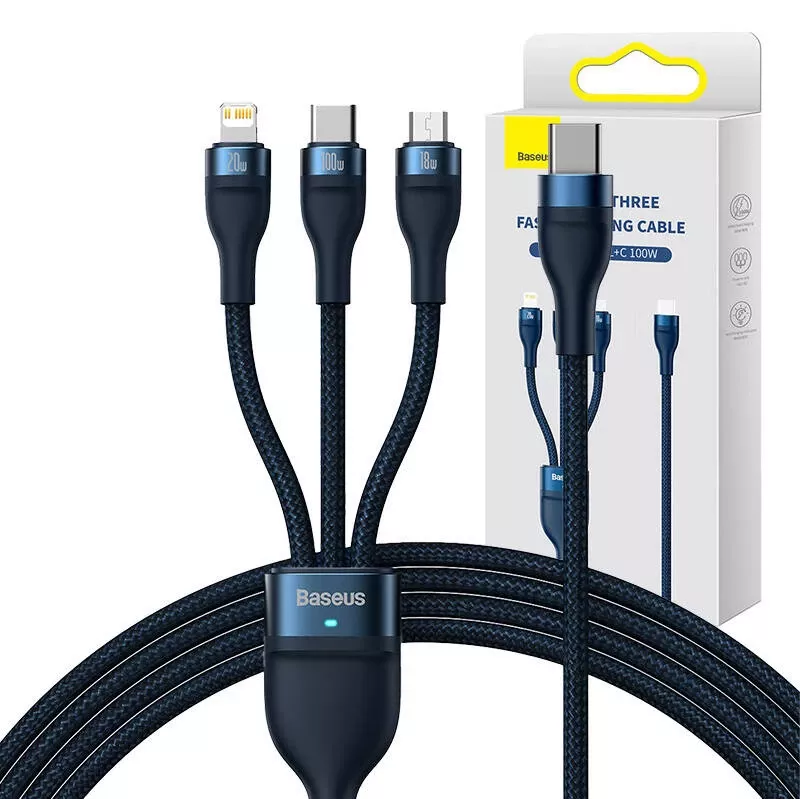 3in1 USB cable Baseus Flash Series 2, USB-C + micro USB + Lightning, 100W, 1.5m (blue)