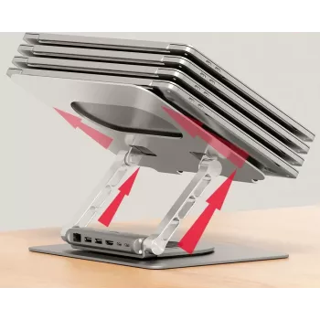 Laptop stand Unitek D1109B01 — aluminium adjustable stand with detachable USB‑C HDMI 4K PD 100W, 2x USB‑A, RJ‑45, for up to 17 inch