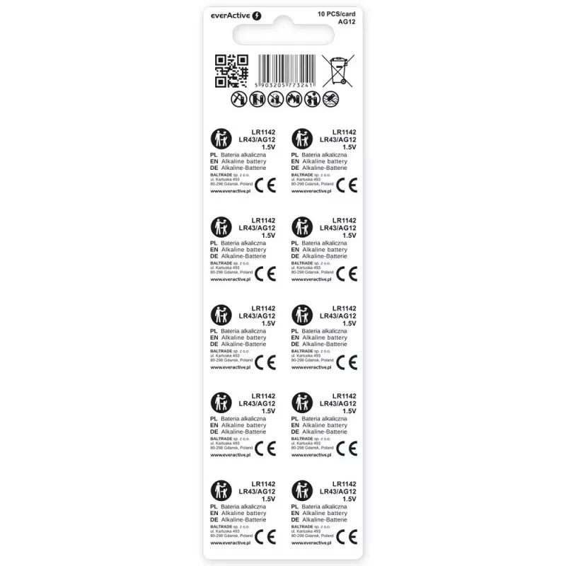 alkaline button cell battery everActive G12 AG12 1.5V — pack of 10