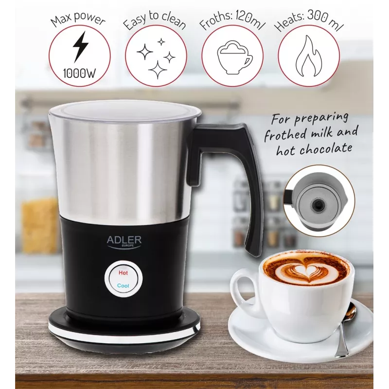 Automatic milk frother Adler AD 4497 — stainless steel, 600W, froth 120 ml / warm 300 ml, hot & cold