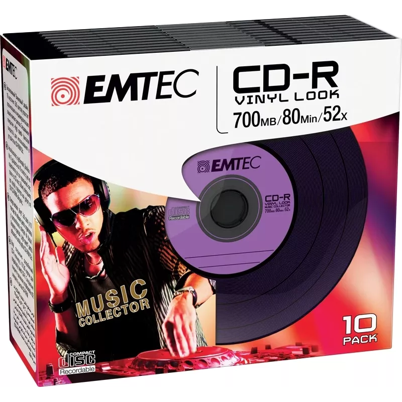EMTEC Vinyl Look - 10 x CD-R - 700 MB (80 Min) 52x - Blue, Yellow, lilac, Green, pink - Slim Jewel Case