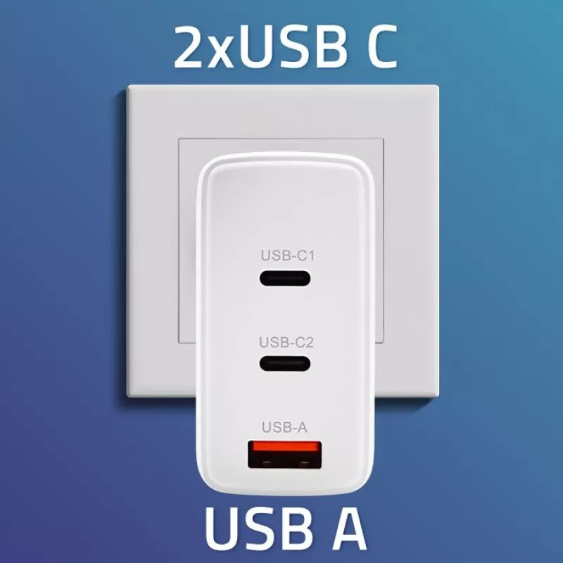 Charger QOLTEC 100W GaN USB-C Dual PD 5–20V 1.5–5A, 2×USB-C