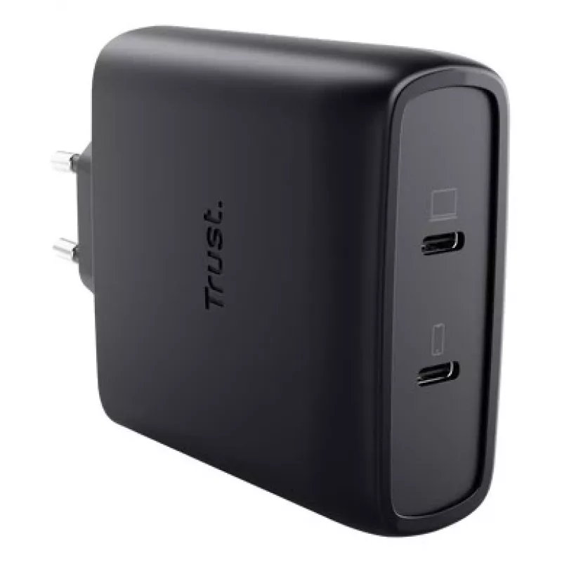 TRUST Maxo 100W 2-Port USB-C GaN Charger — 100 W, 2× USB-C, 20 V max, 2 m cable, black