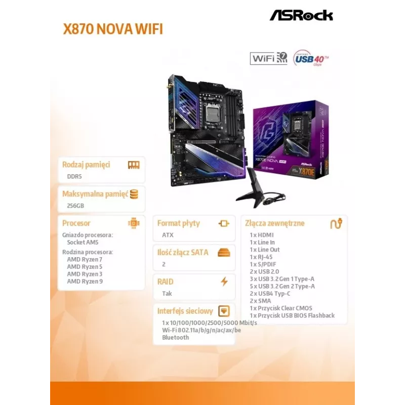 Motherboard ASRock X870 NOVA WIFI — AMD X870, Socket AM5, ATX, 4× DIMM DDR5, 256GB, Wi‑Fi 6E, 2.5GbE