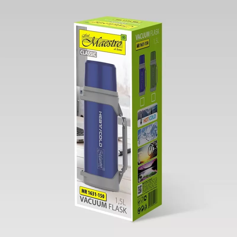 Vacuum Flask Maestro MR-1631 1.5 L Blue/Grey, 24 h heat retention, with lid, cup and handle